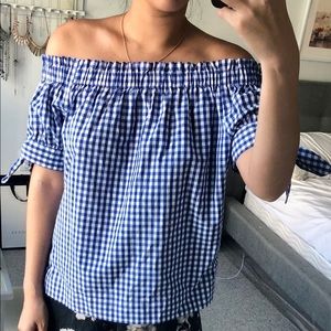 J. Crew Blue & White Plaid Off The Shoulder Top